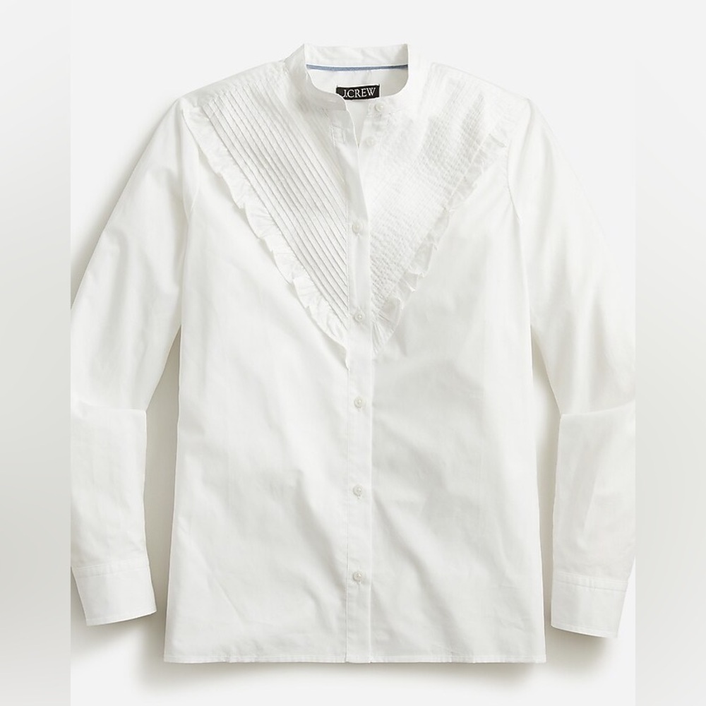 J.Crew Ruffle Pintuck Cotton Poplin Blouse White Romantic Button Front Size 2